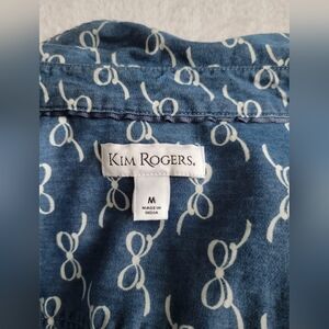 Kim Rogers Bow Parrern Blue White Long Sleeve Shirt SIZE M